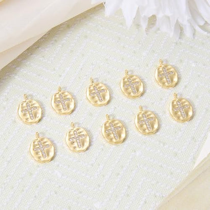 10Pcs Cross Charms for Jewelry Making Flat Irregular Religious Christianity Crystal 18K Gold Plated Charms Brass Cubic Zirconia Pendants for Earring Bracelet Necklace DIY Supplies