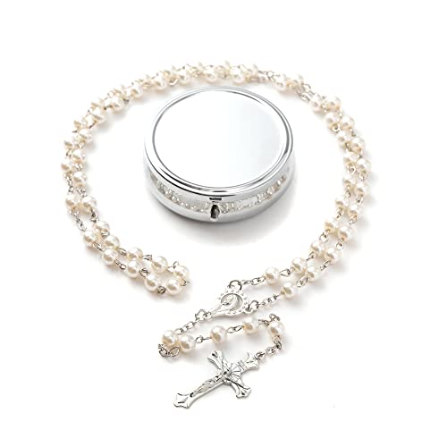 Rosary Beads Catholic - Confirmation Gifts for Teenage Girl, Silver Simple Style Metal Gift Box, White Artificial Pearls Rosary, Gifts for Women - color: 1