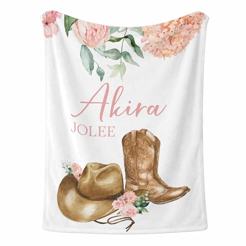 Personalized Western Pink Cowgirl Baby Blanket, Cute Pony Boots Bow Pattern, Custom Name Toddler Kids Throw, Western Nursery Decor, Baby Girl Shower Gift - color: Western Pink Cowgirl Baby Blanket