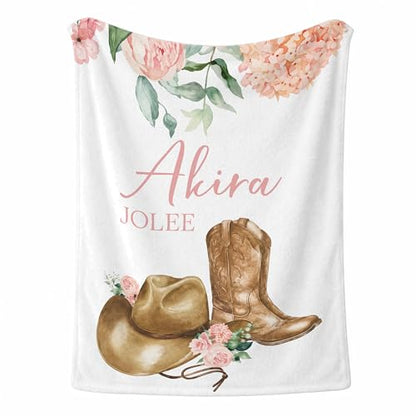 Personalized Western Pink Cowgirl Baby Blanket, Cute Pony Boots Bow Pattern, Custom Name Toddler Kids Throw, Western Nursery Decor, Baby Girl Shower Gift - color: Western Pink Cowgirl Baby Blanket