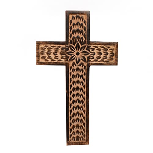 Samhita Mango Wood Wall Cross, Jesus Christ Floral Carving Family Cross Decor,Home Decoration (10" x 6" x 0.5")