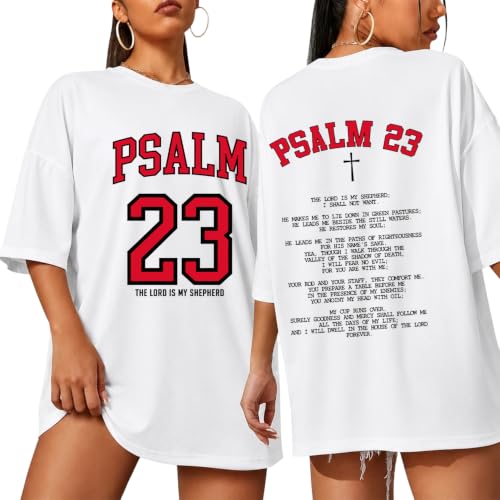 Tewmeu Christian Shirts for Women Oversized Psalm 23 Faith Bible Verse Tee - color: White, size: Large