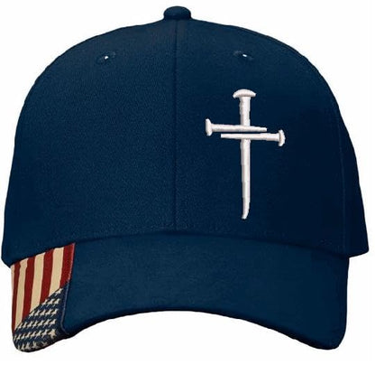 Christian Cross Baseball Cap, Religious Sacred Nails Design, Navy Blue Adjustable HAT with White Embroidered Design and Free 4" Window Decal