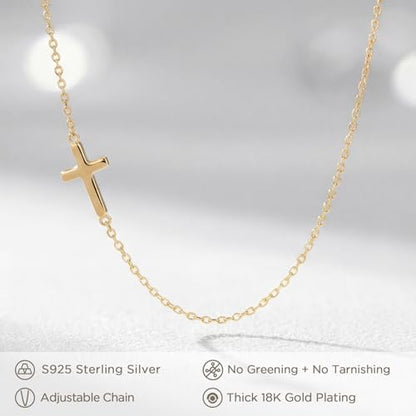 NORBU 18K Gold Cross Necklaces for Women, S925 Sideways Cross Necklace