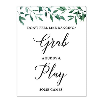 Andaz Press Wedding Party Signs, Natural Greenery Green Leaves, 8.5x11-inch, Don't Feel Like Dancing? Grab a Buddy and Play Some Games!, 1-Pack - color: Activities Games