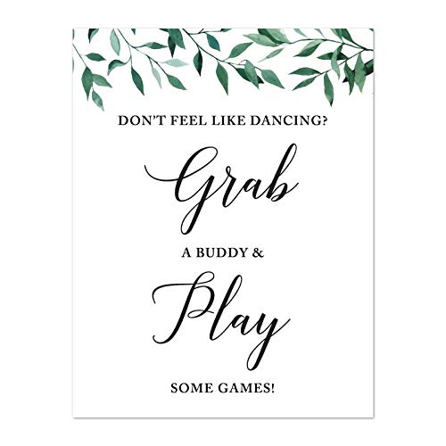 Andaz Press Wedding Party Signs, Natural Greenery Green Leaves, 8.5x11-inch, Don't Feel Like Dancing? Grab a Buddy and Play Some Games!, 1-Pack - color: Activities Games