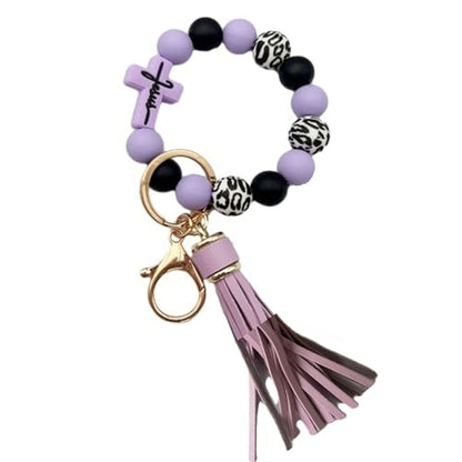 Silicone Beaded Jesus Cross Wristlet Keychain Leather Tassel,Key Ring Wrist Bangle,Key Chains Bracelet Women - color: Light Purple Cross
