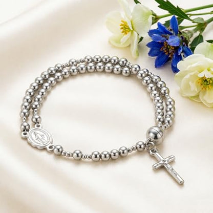 Cross Rosary Bracelet for Women Handcrafted Crystal Virgin Mary Cross Beaded Bracelets Christian Faith Link Bracelets Crucifix Religious Christian Faith Jewelry - color: Silver