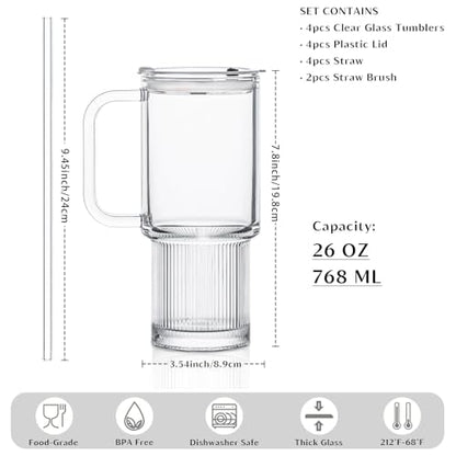 INSETLAN 26oz Glass Tumbler with Handle & Lid – 4-Pack Large Iced Coffee Cups with Straws, Modern Glass Mug for Cold & Hot Beverages, Aesthetic Travel Cup for Smoothies, Tea, and Juice - color: B-Clear-4PCS