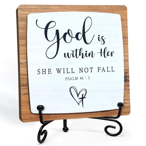 God Is Within Her Wooden Plaque, Christian Table Decor with Stand - color: God Is Within Her