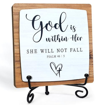 God Is Within Her Wooden Plaque, Christian Table Decor with Stand - color: God Is Within Her