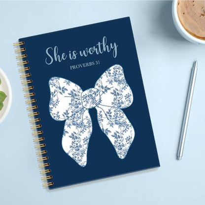She Is Worthy Proverbs Lined Spiral Notebooks Gifts for Christians - color: Multi & Blue & White
