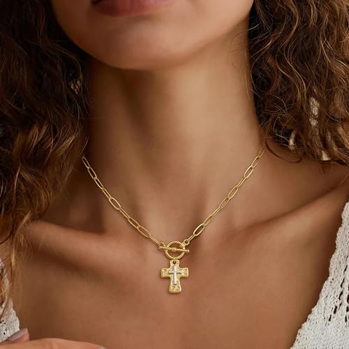 Chunky Cross Necklace for Women, 14K Gold Plated/Silver Statement Cross Pendant Necklace Simple Chunky Charm Necklace Big Gold Necklaces for Women Trendy Faith Jewelry Gifts - color: Chunky Cross GD