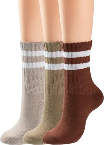 BomKinta Womens Striped Crew Socks Retro Above Ankle Cotton Sock Size 5-10 - color: 3 Pairs-light Khaki Dark Khaki Reddish Brown