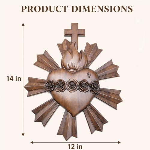XXLTY Hand-Carved Sacred Heart of Jesus Wooden Wall Decor – Religious Art Hanging, Catholic Home Decoration, 14 * 12Inch Spiritual Gift (Rose walnut sacred heart) - color: Rose walnut sacred heart