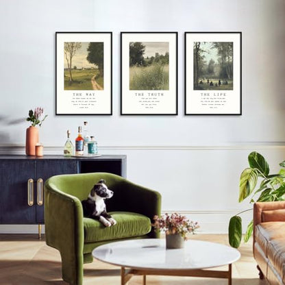 Christian Canvas Wall Art, Religious Scripture The Way The Truth The Life Poster, Set of 3 Bible Verses Print, Biblical Landscape Picture, Modern Spiritual Painting for Prayer 24x36in Framed - color: Set 2-Framed, size: 24L" x 36W"