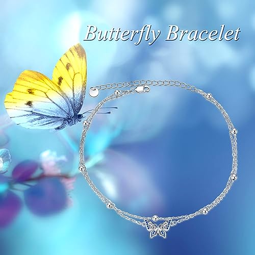POPLYKE 925 Sterling Silver Infinity/Cow/Wing/Cross/Heart Bracelet for Mom and Daughter Jewelry Birthday - style: Butterfly Layered Bracelet