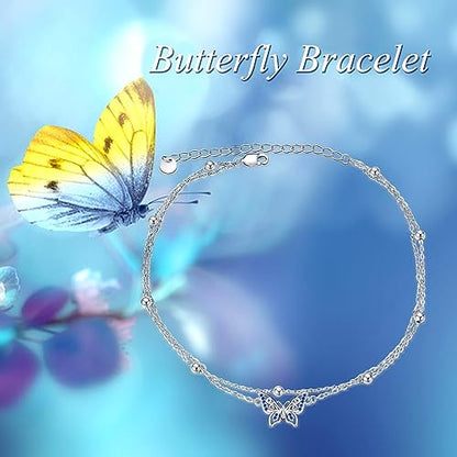 POPLYKE 925 Sterling Silver Infinity/Cow/Wing/Cross/Heart Bracelet for Mom and Daughter Jewelry Birthday - style: Butterfly Layered Bracelet