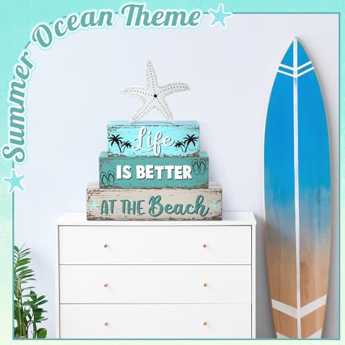 Geelin 4 Pcs Summer Table Decor Starfish Ocean Beach Wooden Block Signs - style: Ocean
