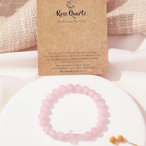 XIANNVXI Crystal Bracelet for Women Men 8 mm Natural Stone Beaded Bracelets Cat Bracelets Cross Bracelets Heart Bracelelt Jewelry for Women Birthday Gifts Stretch Bracelet - color: Pink - Rose Quartz