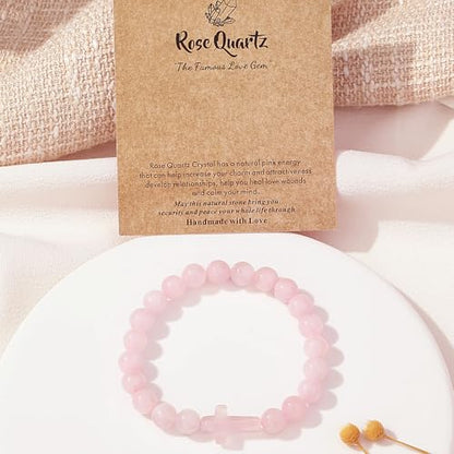 XIANNVXI Crystal Bracelet for Women Men 8 mm Natural Stone Beaded Bracelets Cat Bracelets Cross Bracelets Heart Bracelelt Jewelry for Women Birthday Gifts Stretch Bracelet - color: Pink - Rose Quartz