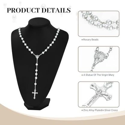 Sliver Pearl-Style Rosary Necklace with Metal Gift Box, 8mm, 22 Inch - color: Silver