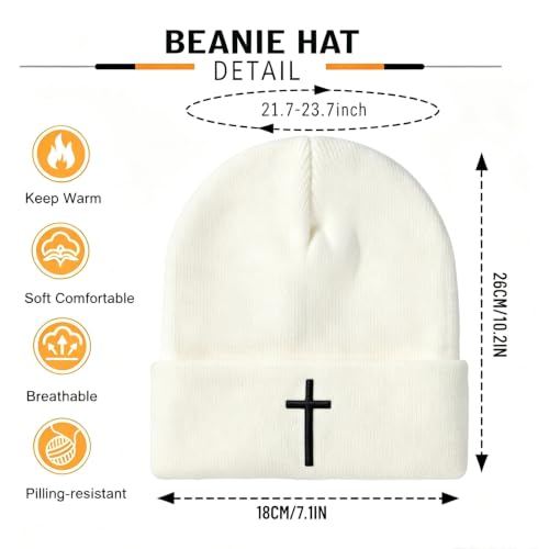 Unisex Stretch Warm Winter Skull Cap, Cold Weather Knit Beanie - color: White - 3d Cross Embroidery