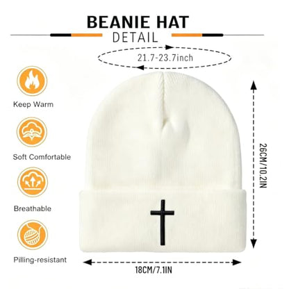 Unisex Stretch Warm Winter Skull Cap, Cold Weather Knit Beanie - color: White - 3d Cross Embroidery