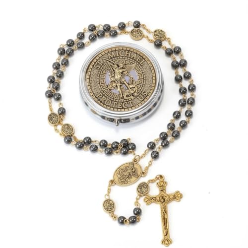 Nazareth Store St Michael Rosary Hematite Stone Beads Necklace Metal Beaded Glory Beads Archangel Medal & Cross with Metal Gift Box - color: Black, yellow
