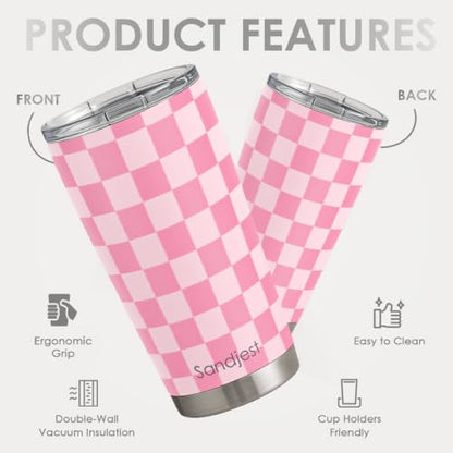 SANDJEST Checkered Tumbler 20oz Stainless Steel Insulated, Checker Travel Coffee Cup, Bow Gifts for Women Girls Teen, Birthday Christmas (Pink) - color: Checker (Pink)