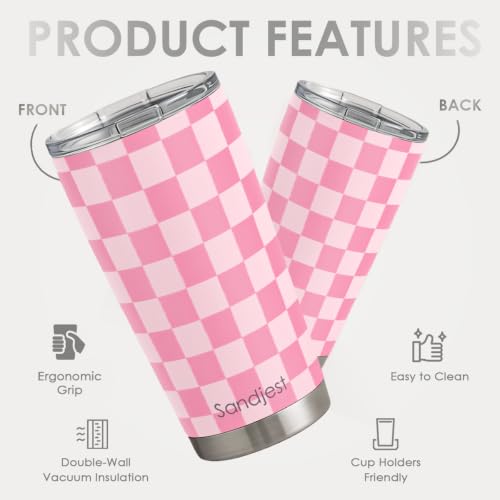 SANDJEST Checkered Tumbler 20oz Stainless Steel Insulated, Checker Travel Coffee Cup, Bow Gifts for Women Girls Teen, Birthday Christmas (Pink) - color: Checker (Pink)