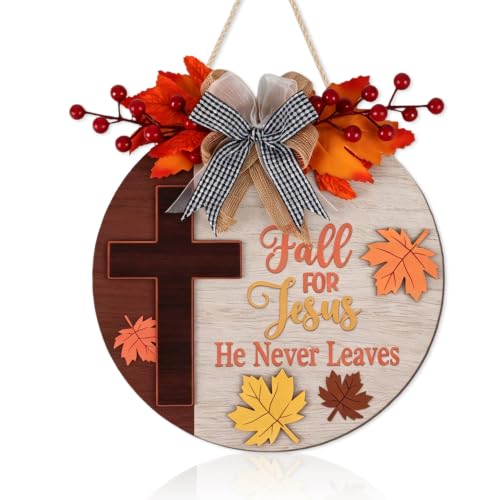 HOURIA 3D Fall for Jesus He Never Leaves Door Decor(11.4"x11.4"),Rustic Autumn Maple Leaf Fall Wreaths Sign,Farmhouse Christian Faith Wall Decor for Home Entryway Church Indoor Outdoor - color: 3d Fall for Jesus Cross Sign