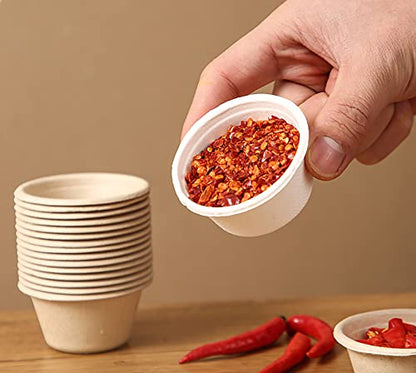 Yesland 200 Pack 2 oz Natural Bagasse Fiber Cups with Lids, 2.3'' x 1.1''(H) x 1.6'' Paper Tasting Cups Disposable Sample Food cup, Compostable Sauce Containers for Snack Tasting Charcuterie - color: Natural