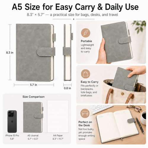 A5 Leather Journal for Women Men, Hardcover Notebook Set with Pen, Gray - color: Gray