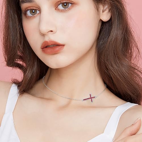 DAOCHONG S925 Sterling Silver Sideways Cross Choker Necklace 14+4 Inch - color: Silver-Created Opal