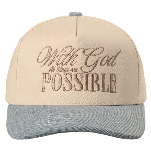MIRMARU Christian Theme 5 Panel Embroidered Cotton Trucker Hat with Inspirational Faith Sayings for Men and Women - color: With God All Possible, Denim