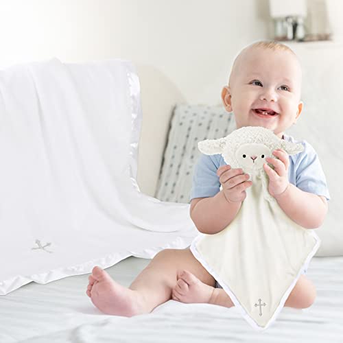 Panelee 2 Pcs Baptism Gifts Christening Blanket with Embroidered Cross Baby Blessings Lamb Security Blanket for First Communion, Baby Showers