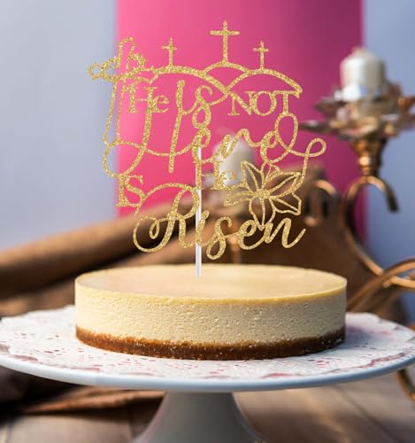 He is not Here He is Risen Cake Topper, Spring Easter Religious Party Decorations, Empty Tomb Jesus is Risen Decorations Gold Glitter