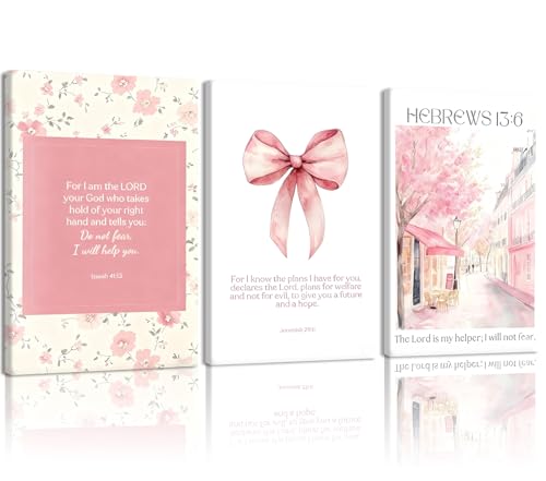 NCCXNCC 3Pcs Pink Preppy Christian Canvas Wall Art Set 16x24 inches Frame - color: Bible Street, size: 16×24inch