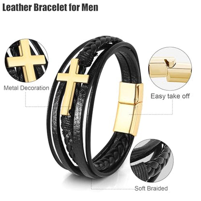 Leather Bracelet for Men Braided Stainless Steel Mens Bracelets - color: Black-GoldCross