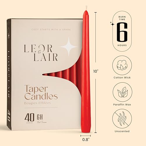 Leor & Lair Red Taper Candles, 40 Pack, 10" Bulk Taper Candles, Unscented - color: Red