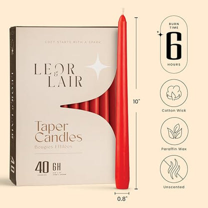 Leor & Lair Red Taper Candles, 40 Pack, 10" Bulk Taper Candles, Unscented - color: Red