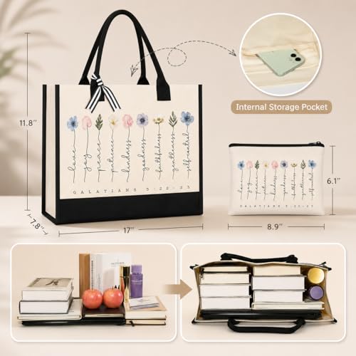 Tecanne Christian Gifts for Women, Canvas Tote Bag with Makeup Bag - color: Galatians 5:22–23