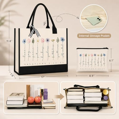 Tecanne Christian Gifts for Women, Canvas Tote Bag with Makeup Bag - color: Galatians 5:22–23