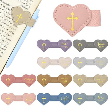 Resurhang 10 Pcs Magnetic Bible Bookmarks Heart Leather Cross Pen Clip