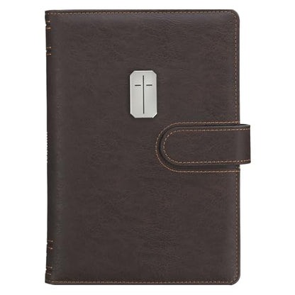 Christian Art Gifts Inspirational Magnetic Closure Journal w/Pen Holder, Man of God - 1 Tim. 6:11 Bible Verse, Dark Brown w/Cross Applique, Wide Ruled Notebook, 336 Lined Pages w/Scripture