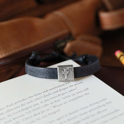 Equitable Brown/Black Leather Bracelet with Pewter Cross Bead Faith Jewelry - color: Black Leather