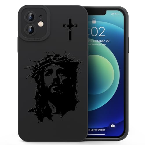 for iPhone 12 Christian Phone Case, Crown Thorns Design - color: Black-Jesus Face, size: iPhone 12
