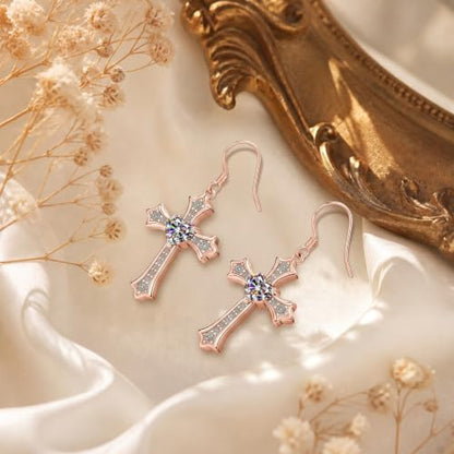 Moissanite S925 Sterling Silver Dainty Cross Drop Dangle Earrings For Women - color: Rose gold
