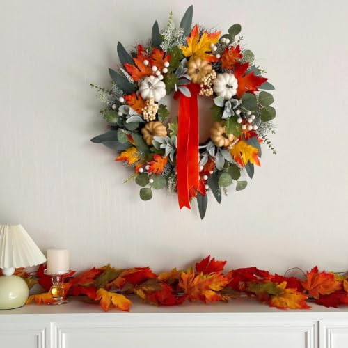Fall Front Door Wreaths with Ribbon, 24 Inch Pumpkin Autumn Wreath